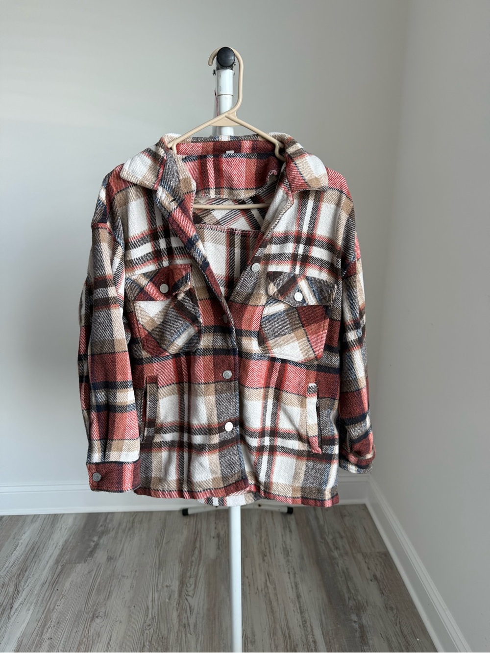 SHEIN Rust, Cream and Brown Plaid Utility Shacket